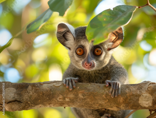 A curious bushbaby with large, innocent eyes peering from a tree.