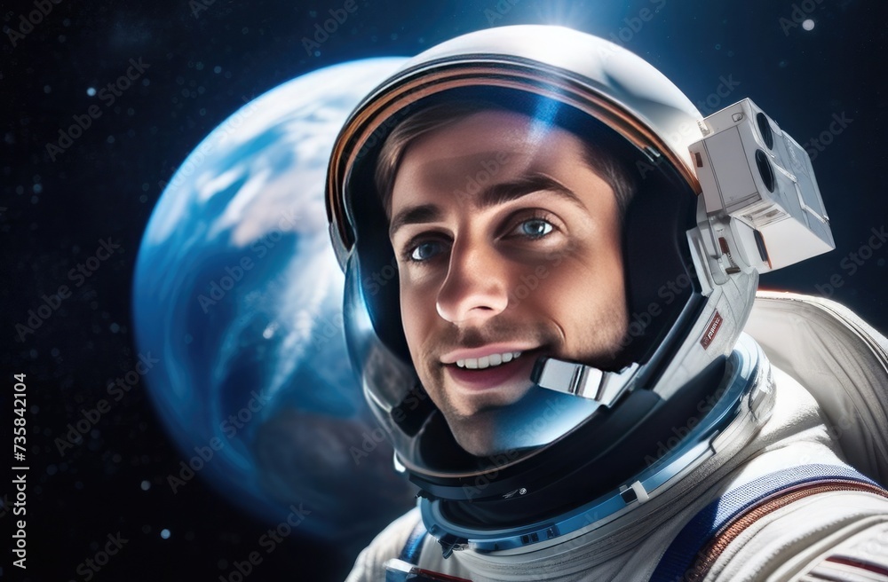 astronaut takes a selfie in space against the backdrop of the planet Earth astronaut takes a selfie in space against the backdrop of the planet Earth