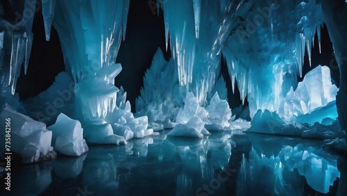  ice formations in a cave with a reflection in the water, © Ozgurluk Design