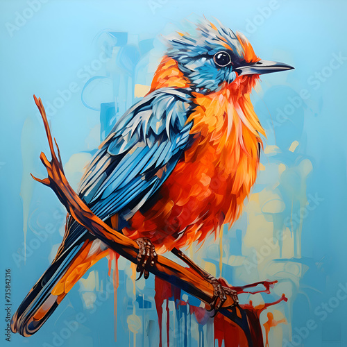 Digital painting of a bird on a branch in the style of an oil painting