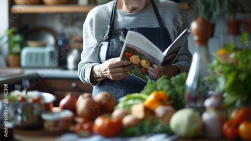 Elderly individual reading a brochure on heart disease prevention, with healthy foods and a blood pressure monitor visible on the table