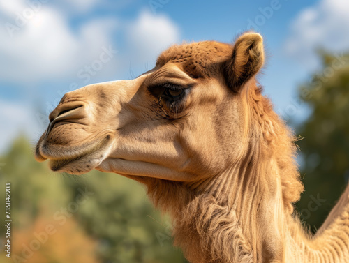 Detail of camel head against greenery backdrop.