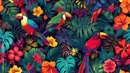 Seamless pattern background influenced by the forms and vibrant colors of tropical rainforests with colorful birds and flowers © standret