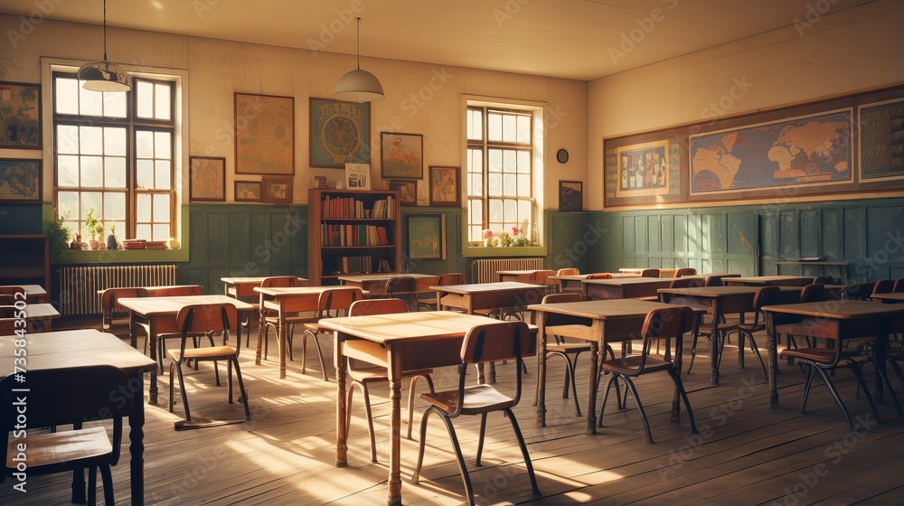 Obraz premium Cozy Vintage School Interior: Nostalgic Classroom with Rustic Charm