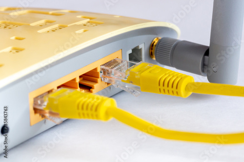Принти на полотні Close-up view of LAN network switch connectors with Ethernet cables attached