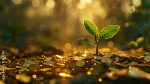 A vibrant, green sapling growing out of a pile of golden coins, illuminated by a soft, morning light. The background subtly fades into a blurred vision of a flourishing forest.