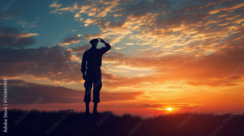 Silhouette of a soldier saluting at sunset, embodying respect