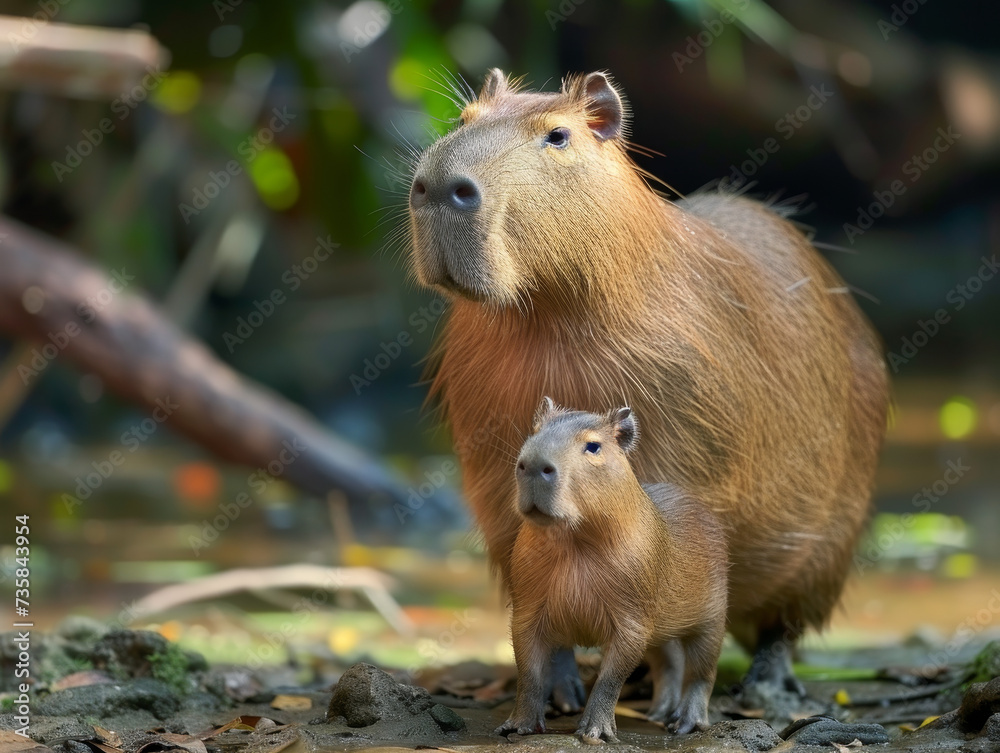 A capybara mother and baby on a riverbank, gazing into the distance.