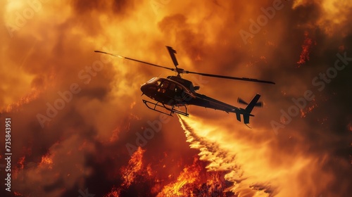 Helicopter Fire Rescue in the Forest Sky, Military Aircraft Soaring Amidst Sunset Clouds, Speeding through the Air on a Mission to Combat Wildfires.smoke in the air , Nature is destroyed.