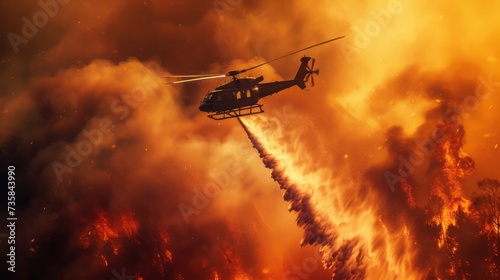 Helicopter Fire Rescue in the Forest Sky, Military Aircraft Soaring Amidst Sunset Clouds, Speeding through the Air on a Mission to Combat Wildfires.smoke in the air , Nature is destroyed.