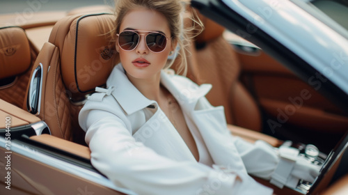 Stylish female model wearing a white trench coat and sunglasses sits in a brown luxury car © standret