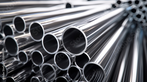 Stack of stainless steel pipes background photo