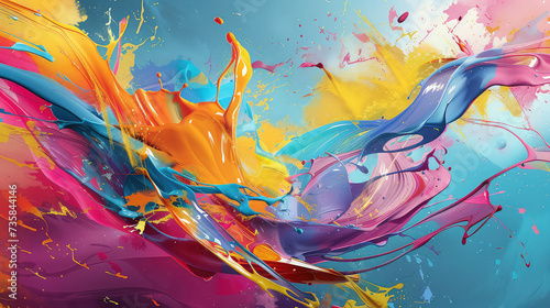 many colorful abstract splashes are flying in the air, in the style of dye-transfer, bright color palette, lith printing 