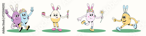 Retro groovy easter egg mascot characters. Set of stickers in trendy cartoon style of 60s 70s. Egg vector illustration with different face expressions running, walking, standing, jumping.