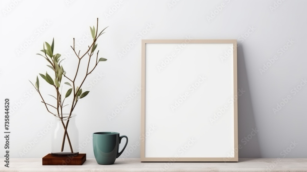 Cozy winter home interior: empty poster frame mockup with books, coffee cup, and more on beige table Cozy winter home interior: empty poster frame mockup with books, coffee cup, and more on beige table