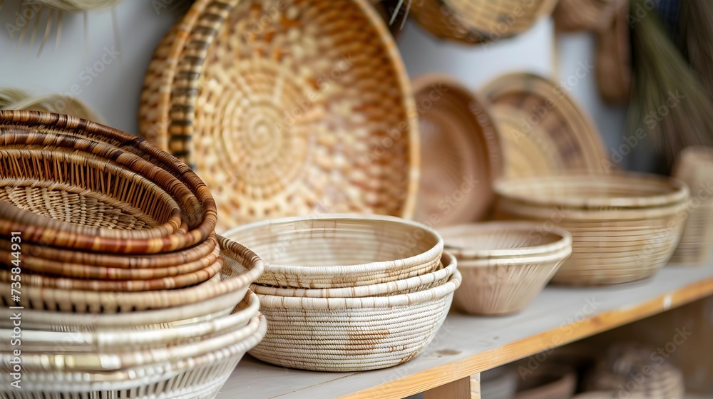 A selection of beautiful handwoven wicker baskets arranged neatly on a shelf, showcasing craftsmanship and natural materials.