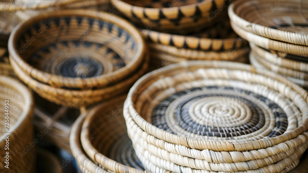 A close-up view of handwoven baskets featuring traditional patterns, emphasizing the art of weaving and cultural design. A close-up view of handwoven baskets featuring traditional patterns, emphasizing the art of weaving and cultural design.