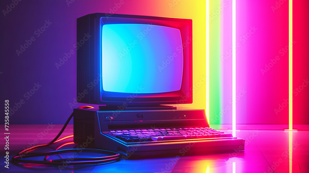 Vintage computer with CRT monitor from 80s or 90s and neon colors lights - obrazy, fototapety, plakaty 