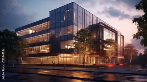 Modern office building exterior with glass facade and urban landscape background in downtown district - business architecture in metropolitan area 