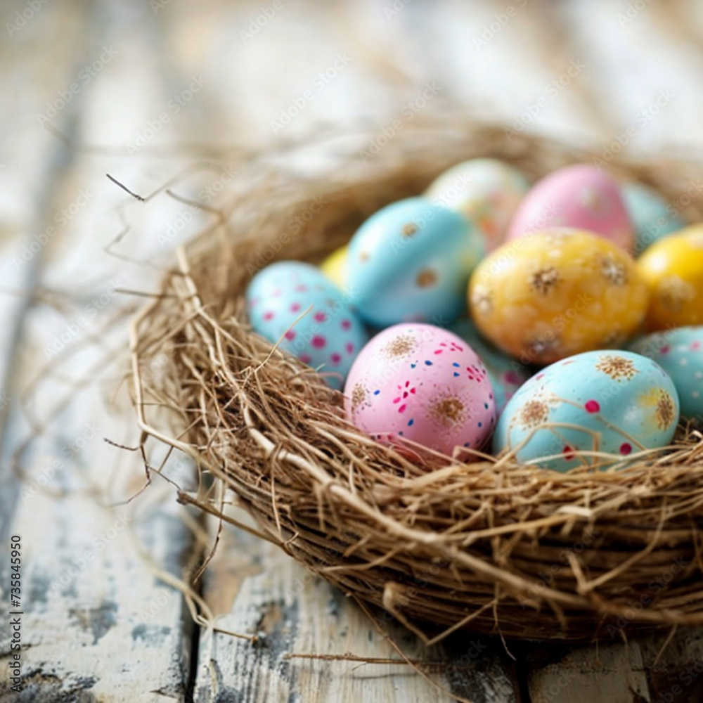 Easter eggs in the nest on rustic wooden background. Easter eggs in the nest on rustic wooden background.