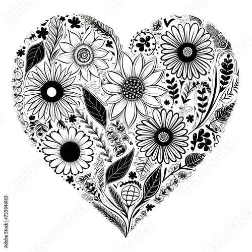 Heart filled with floral outline patterns, black and white design.