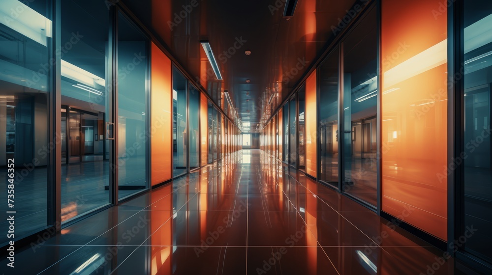 Dynamic blurry corridor in modern business center, abstract office interior background for corporate concepts, urban work environment scene - stock image

