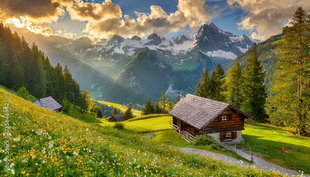 Idyllic Alpine landscape with traditional mountain lodge