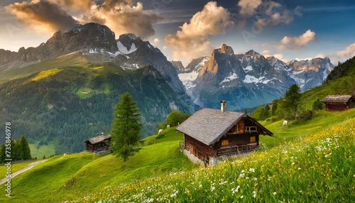 Idyllic Alpine landscape with traditional mountain lodge