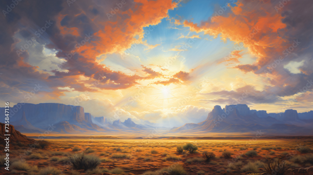 A painting of a mountain range with a sunset.