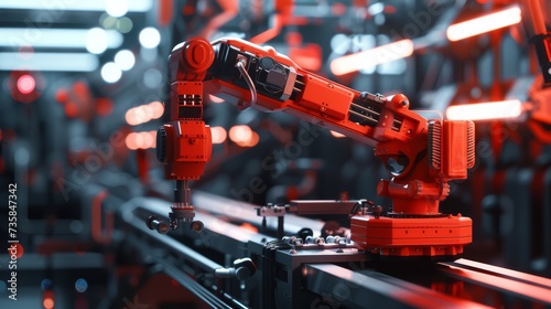 A red robot arm in a factory setting, showcasing automated work processes and industrial automation technology