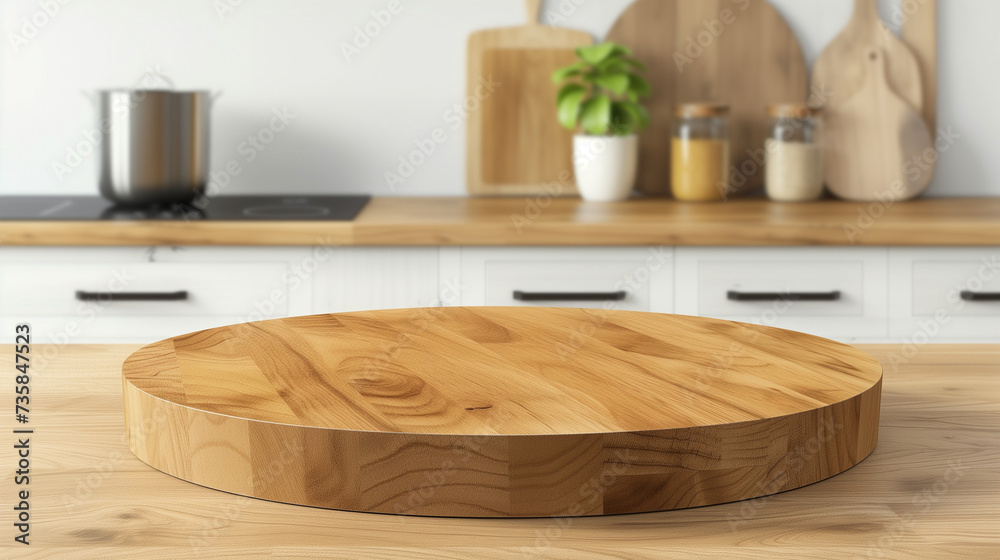 Empty beautiful round wood tabletop counter on interior in clean and bright kitchen background, Ready for display, Banner, for product montage