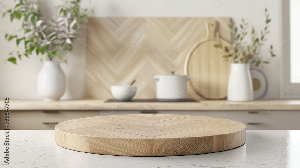 Empty beautiful round wood tabletop counter on interior in clean and bright kitchen background, Ready for display, Banner, for product montage Empty beautiful round wood tabletop counter on interior in clean and bright kitchen background, Ready for display, Banner, for product montage