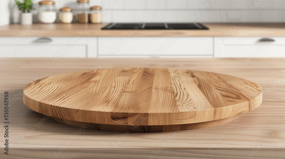 Empty beautiful round wood tabletop counter on interior in clean and bright kitchen background, Ready for display, Banner, for product montage