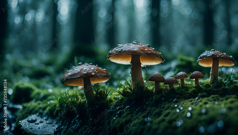 Fototapeta premium Pilze im Regen voller Tau und Tropfen im Wald, Nahaufnahme der frischen üppigen Natur im Sommer und Herbst, Pflanzen wild wachsend zum sammeln, Nahrung für Tiere Vorlage Hintergründe Umwelt nachhaltig