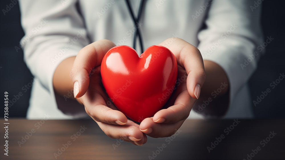  doctor holding a red heart in his hands. hands hold a red heart