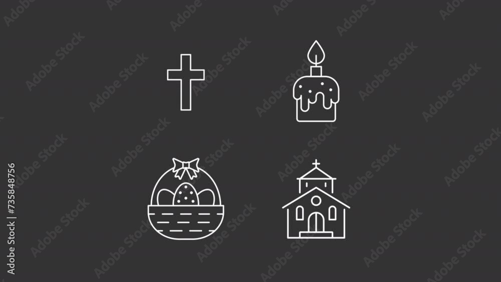 Christian holiday linear animations. Animated easter linear white icons. Traditional holiday. Resurrection sunday. Isolated illustrations on dark background. Transition alpha. HD video. Icon pack Christian holiday linear animations. Animated easter linear white icons. Traditional holiday. Resurrection sunday. Isolated illustrations on dark background. Transition alpha. HD video. Icon pack
