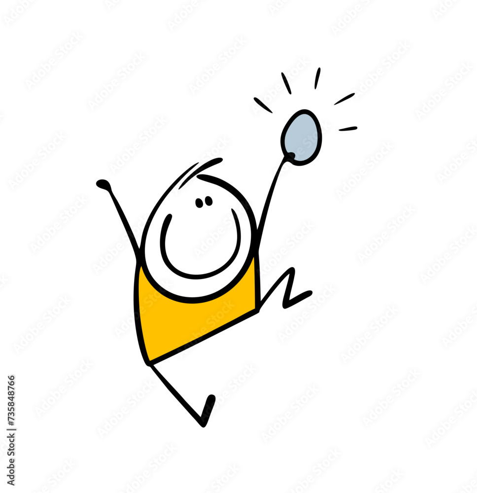 Doodle happy stickman boy jumps up and demonstrates the found egg. Vector illustration of Easter hunting, cartoon child is looking for surprises. Hand drawn boy isolated on white background. Doodle happy stickman boy jumps up and demonstrates the found egg. Vector illustration of Easter hunting, cartoon child is looking for surprises. Hand drawn boy isolated on white background.