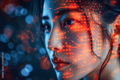 Womans Face Illuminated by Ethereal Digital Light Patterns in Close-Up View