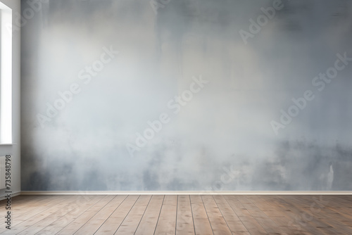 empty wall and wooden floor with glare from the window. Interior background for mockup or presentation photo
