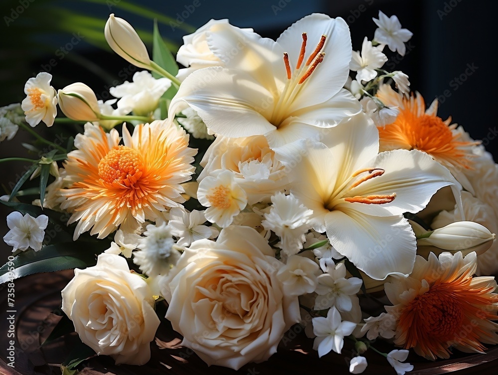 Bunch of white and yellow flowers next to a green wall Bunch of white and yellow flowers next to a green wall