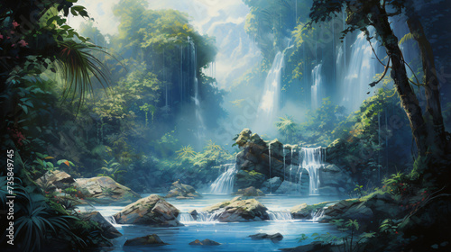 A painting of a waterfall in a tropical forest 