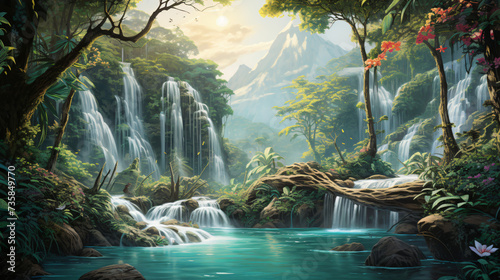 A painting of a waterfall in a tropical forest 