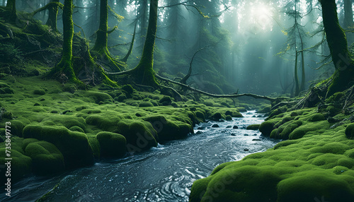 Nahaufnahme Regen im dichten grünen Wald voller Moos mit einem Bach oder Fluß klaren Wassers in herbstlicher Morgenstunde mit leichtem Nebel als klare herbstliche Vorlage oder Hintergrund Niederschlag photo