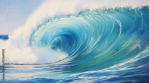 A painting of a wave with a yellow and blue center.