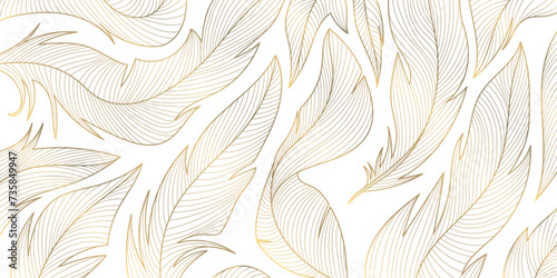 Vector gold feathers on white pattern, abstract luxury line design wallpaper. Art deco wedding texture, wing angel decoration. photo