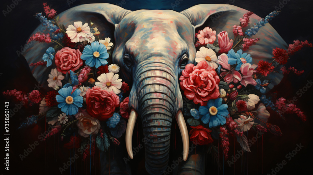 A painting of an elephant holding a bouquet of blue flowers