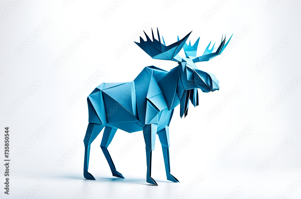 Elch Bulle mit Geweih in geometrischen Formen, wie 3D Papier in blau wie Origami Falttechnik Großwild Symbol Wappentier Logo Vorlage wildlebende Tiere skandinavisch Elch Bulle mit Geweih in geometrischen Formen, wie 3D Papier in blau wie Origami Falttechnik Großwild Symbol Wappentier Logo Vorlage wildlebende Tiere skandinavisch