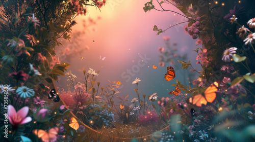 Beautiful enchanted landscape. Fantasy garden background. Magic meadow with spring blooming flowers. Copy space. Fairy tale banner. © vlntn