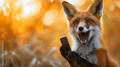 Surprised fox holding a smartphone with a comical expression.