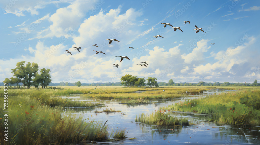 Fototapeta premium A painting of birds flying over a marshy marshland.
